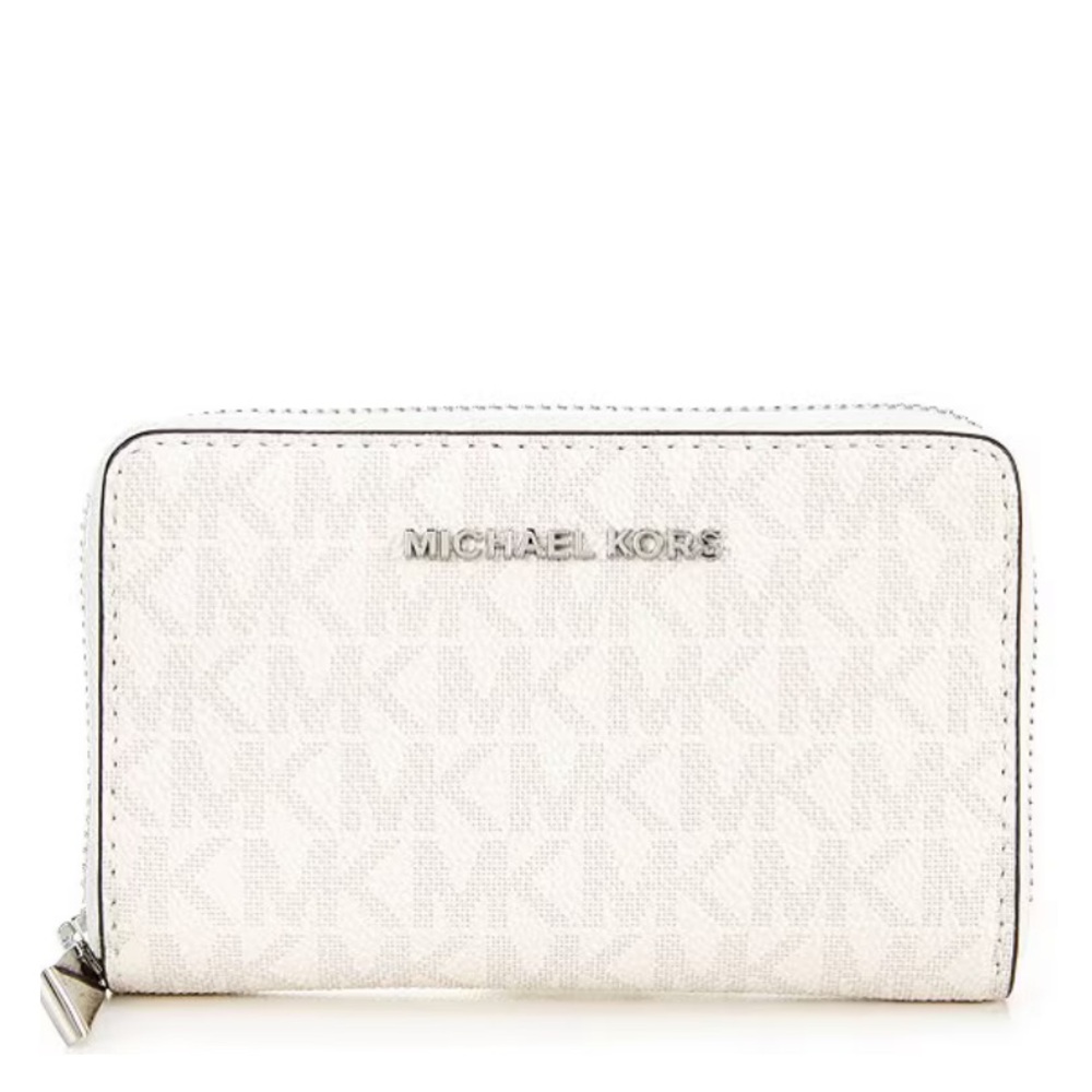New Michael Kors Signature Logo Jet Set Small Silver Tone Zip Around Card Case